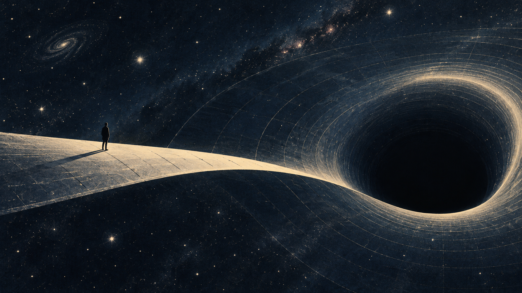 A small human silhouette stands on a pale ribbon curving into a dark cosmic void against a star-filled blue sky.
